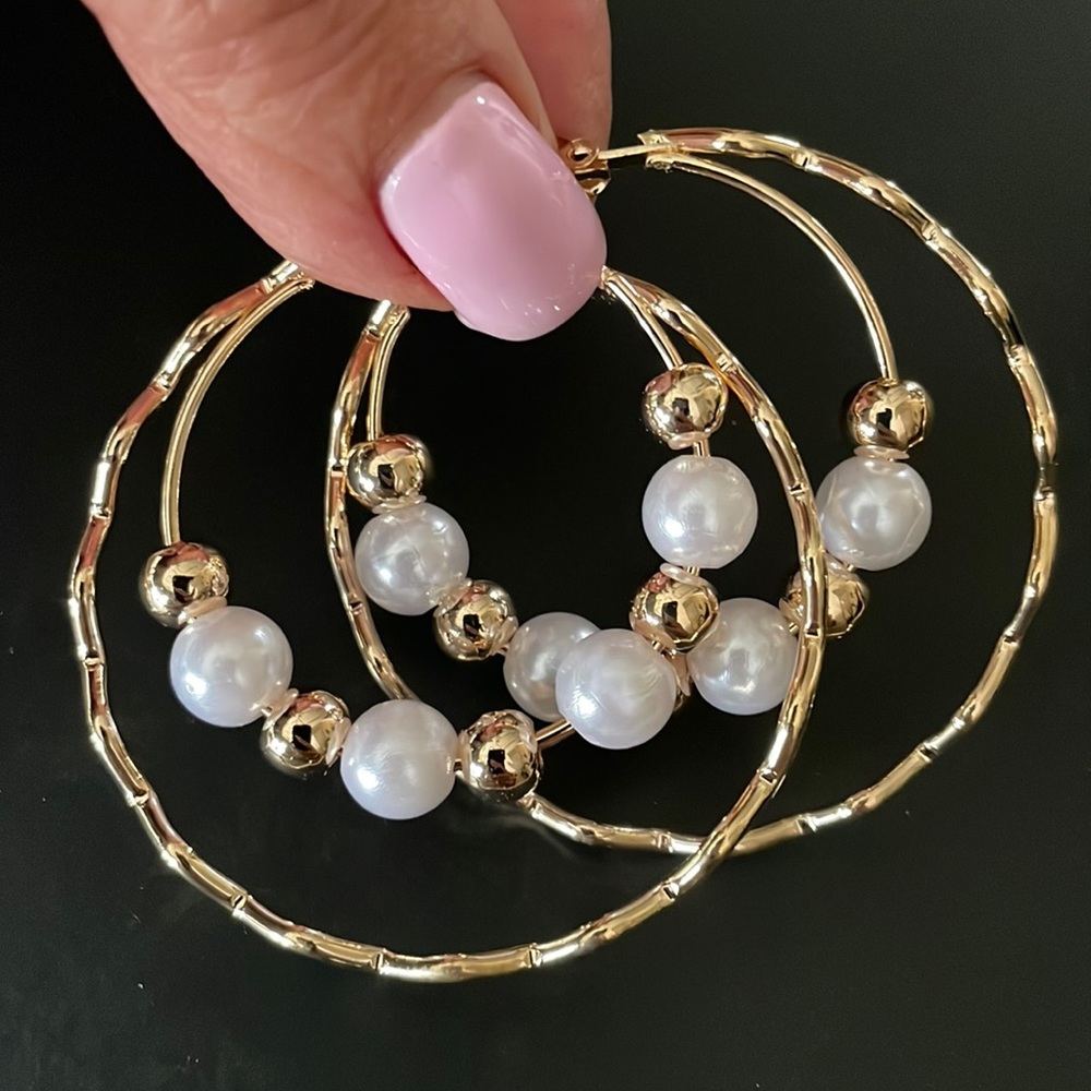 Double Large Hoop /Pearl Earrings.